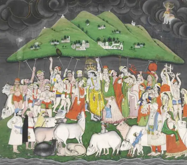 Lord Krishna lifting Mount Govardhan